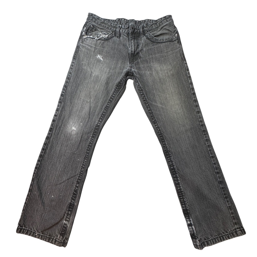 Vintage Machine Jeans Mens 34x30 Black Faded Distressed Cross Embroidered Y2K